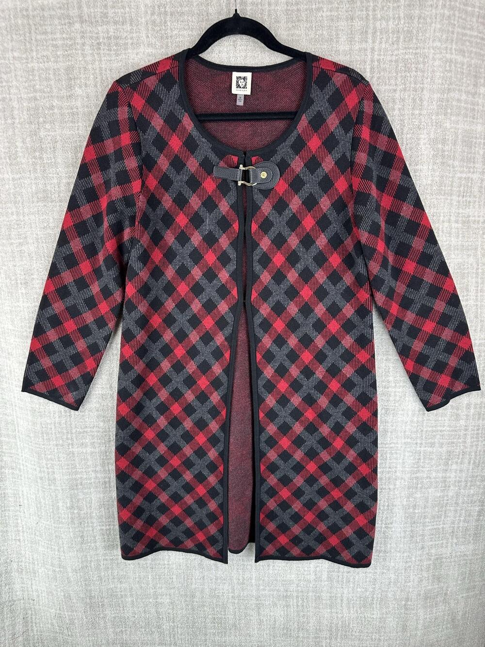 Anne Klein Sweater Womens M Red Scoop Neck Cardigan Lightweight Strap Buckle